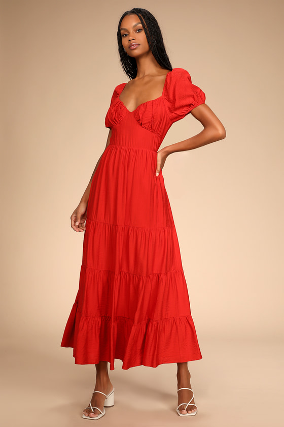 Red Maxi Dress - Puff Sleeve Dress ...